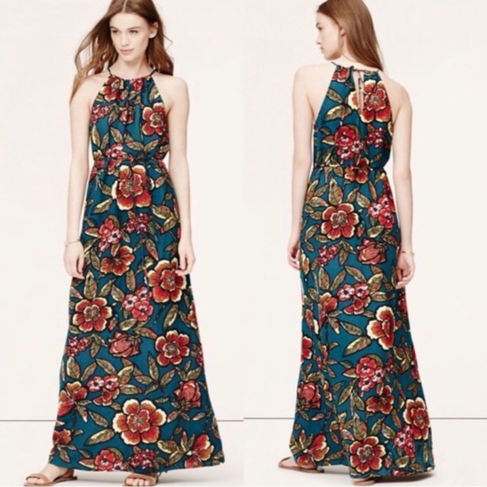 LOFT Size Medium Green Linen Floral Halter Top Maxi Summer Dress
